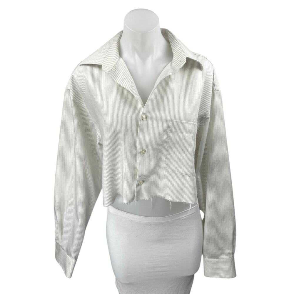Axcess Women's White Striped Long Sleeve Cropped Button Down Shirt Top Size 16